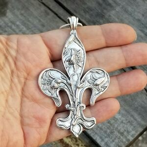 Large Silver Fleur de Lis Pendant Necklace, Lily Fleur de Lys Necklace, Easter